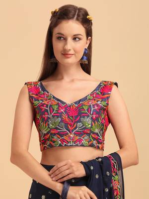Blue Faux Georgette Embroidered Ruffled Saree with Blosue Piece 4