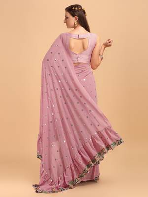 Rose Pink Faux Georgette Sequin Embroidered Ruffled Saree 3
