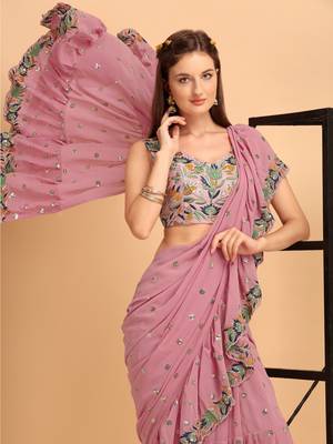 Rose Pink Faux Georgette Sequin Embroidered Ruffled Saree 4