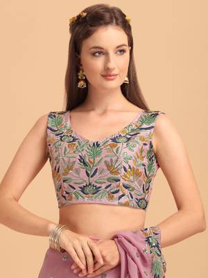 Rose Pink Faux Georgette Sequin Embroidered Ruffled Saree 5