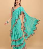 Turquoise Faux Georgette Embroidered Ruffled Saree with Blosue Piece