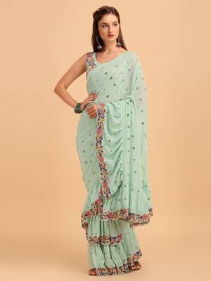 Sea Green Faux Georgette Embroidered Ruffled Saree with Blosue Piece 1