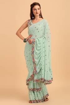 Sea Green Faux Georgette Embroidered Ruffled Saree with Blosue Piece