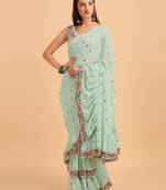 Sea Green Faux Georgette Embroidered Ruffled Saree with Blosue Piece