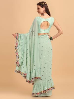 Sea Green Faux Georgette Embroidered Ruffled Saree with Blosue Piece 2