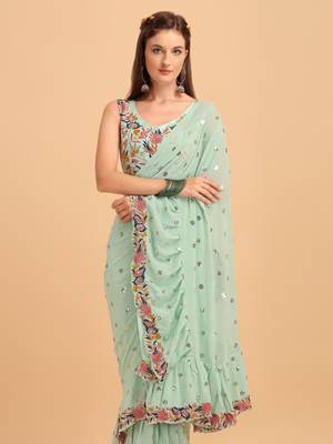 Sea Green Faux Georgette Embroidered Ruffled Saree with Blosue Piece 3