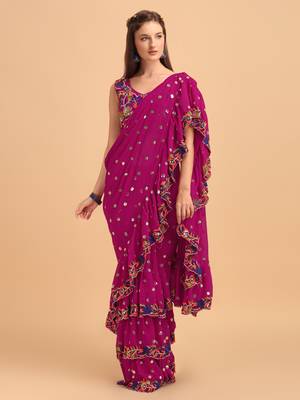 Purple Faux Georgette Embroidered Ruffled Saree with Blosue Piece 1