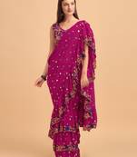 Purple Faux Georgette Embroidered Ruffled Saree with Blosue Piece