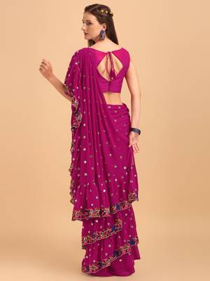 Purple Faux Georgette Embroidered Ruffled Saree with Blosue Piece 2