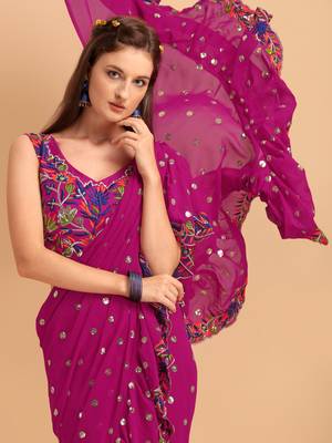 Purple Faux Georgette Embroidered Ruffled Saree with Blosue Piece 3