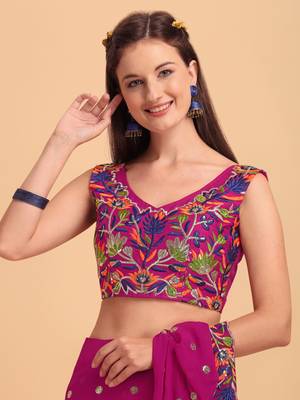 Purple Faux Georgette Embroidered Ruffled Saree with Blosue Piece 4