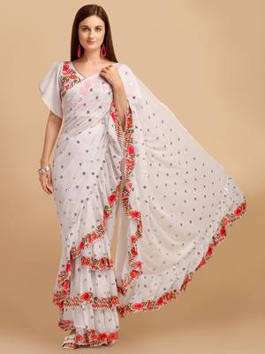 White Faux Georgette Embroidered Ruffled Saree with Blosue Piece 1