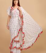 White Faux Georgette Embroidered Ruffled Saree with Blosue Piece