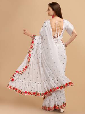 White Faux Georgette Embroidered Ruffled Saree with Blosue Piece 2