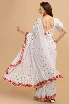 White Faux Georgette Embroidered Ruffled Saree with Blosue Piece