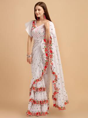 White Faux Georgette Embroidered Ruffled Saree with Blosue Piece 3
