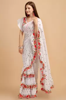 White Faux Georgette Embroidered Ruffled Saree with Blosue Piece