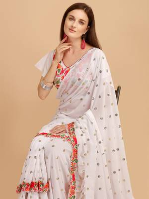 White Faux Georgette Embroidered Ruffled Saree with Blosue Piece 4