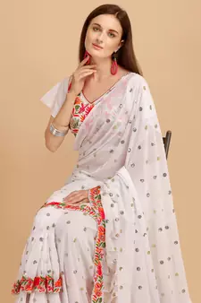 White Faux Georgette Embroidered Ruffled Saree with Blosue Piece