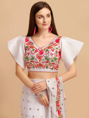 White Faux Georgette Embroidered Ruffled Saree with Blosue Piece 5