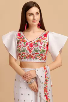 White Faux Georgette Embroidered Ruffled Saree with Blosue Piece