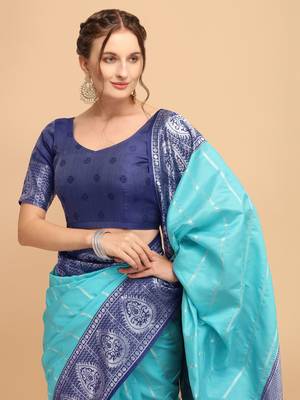 Skyblue & Blue banarasi silk Woven Design Banarasi Saree 4