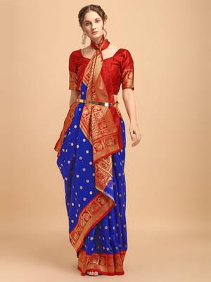 Blue & Red banarasi silk Woven Design Banarasi Saree 1