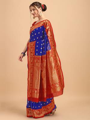 Blue & Red banarasi silk Woven Design Banarasi Saree 2