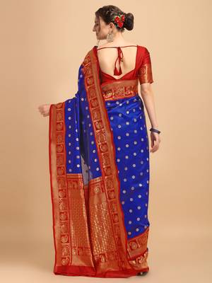 Blue & Red banarasi silk Woven Design Banarasi Saree 3
