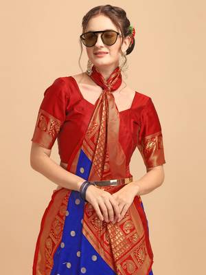 Blue & Red banarasi silk Woven Design Banarasi Saree 4