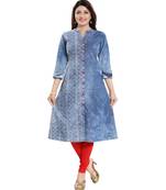 Dare to Dream Denim Front Open A-line Long Kurti with Red Button Detailing and Roll up