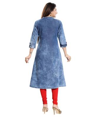 Dare to Dream Denim Front Open A-line Long Kurti with Red Button Detailing and Roll up 2