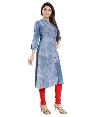 Dare to Dream Denim Front Open A-line Long Kurti with Red Button Detailing and Roll up 3