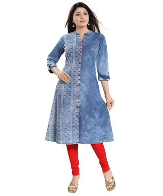 Dare to Dream Denim Front Open A-line Long Kurti with Red Button Detailing and Roll up 4