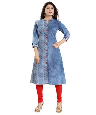 Dare to Dream Denim Front Open A-line Long Kurti with Red Button Detailing and Roll up 5