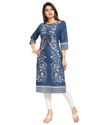 Pristine Floral Printed Denim Kurti with Pom Pom and Bead Accessory 1