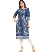 Pristine Floral Printed Denim Kurti with Pom Pom and Bead Accessory