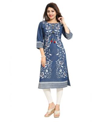Pristine Floral Printed Denim Kurti with Pom Pom and Bead Accessory 4