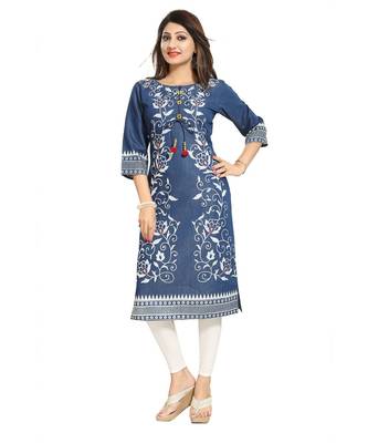 Pristine Floral Printed Denim Kurti with Pom Pom and Bead Accessory 5