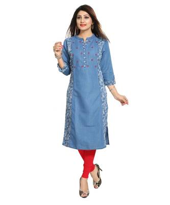 Blue Designer Printed Denim Long Kurti for The Season 3
