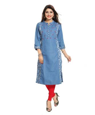 Blue Designer Printed Denim Long Kurti for The Season 4