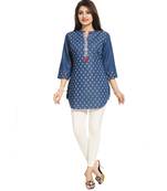 Denim Dream kurti with Small White Motifs and Floral Gala Patti Short Top for Everyday Wear
