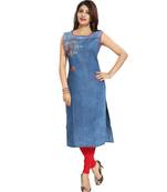 Denim Light Blue Fabric Sleeveless kurti with Red and Beige Embroidery for Casual Wear