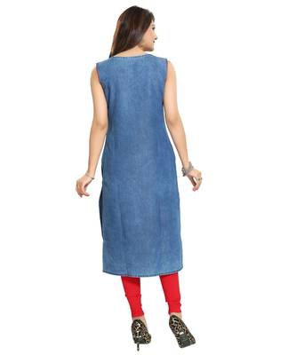 Denim Light Blue Fabric Sleeveless kurti with Red and Beige Embroidery for Casual Wear 2