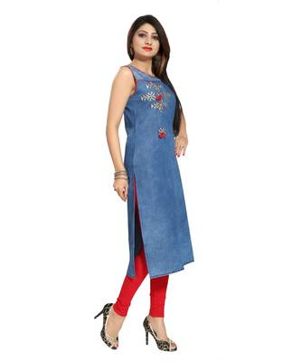 Denim Light Blue Fabric Sleeveless kurti with Red and Beige Embroidery for Casual Wear 3
