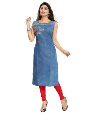 Denim Light Blue Fabric Sleeveless kurti with Red and Beige Embroidery for Casual Wear 4
