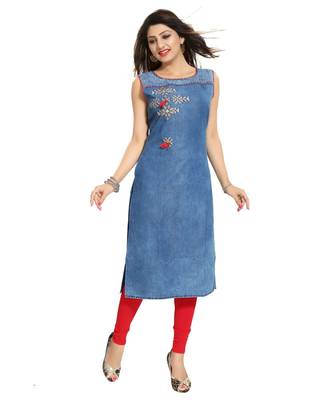 Denim Light Blue Fabric Sleeveless kurti with Red and Beige Embroidery for Casual Wear 5