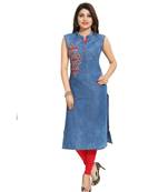 Zesty Denim Fabrics Sleeveless kurti with Red Embroidery