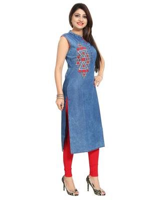 Zesty Denim Fabrics Sleeveless kurti with Red Embroidery 3
