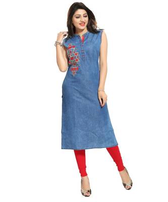 Zesty Denim Fabrics Sleeveless kurti with Red Embroidery 4
